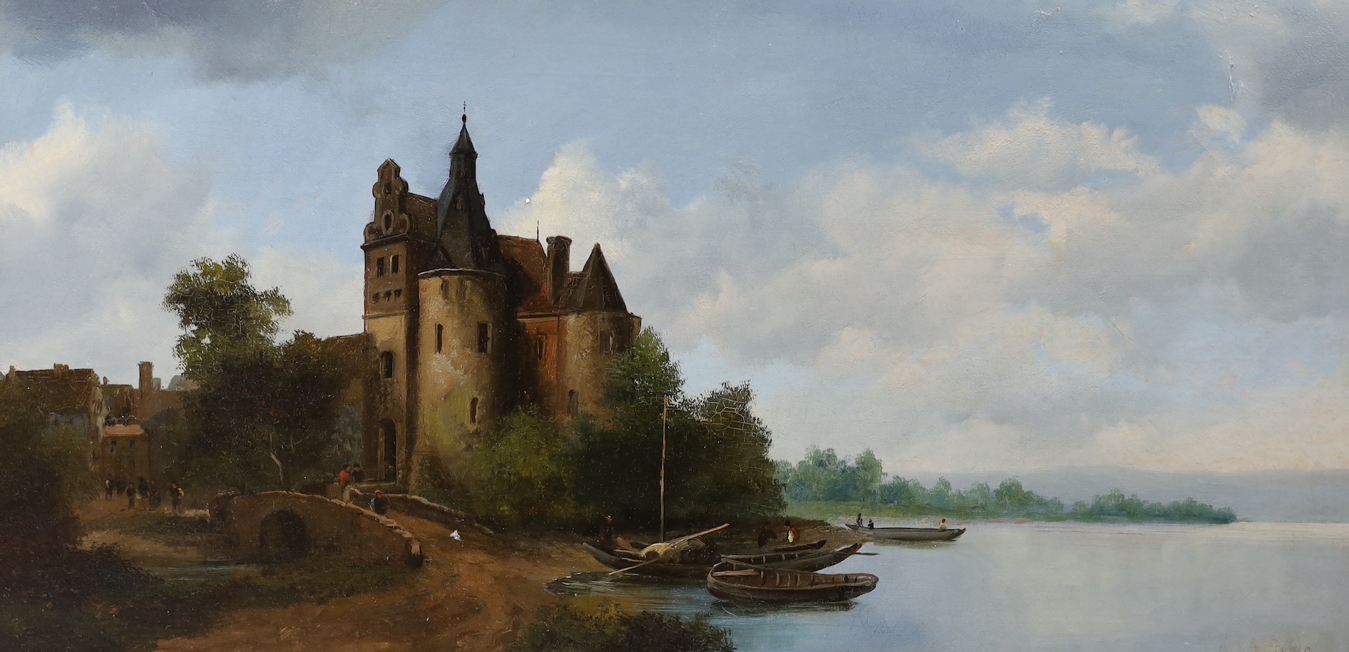 English School c.1900, pair of oils on canvas, German river landscapes, signature erased, 30 x 60cm